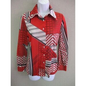 VTG 60's Fire Islander Shirt Size 11 / 12 Semi- Sheer Mod Op Art Wide Collar Top